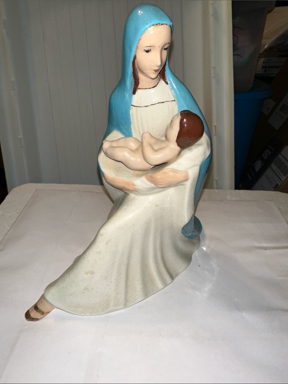 Vintage hand painted Holy Mary holding Baby Jesus